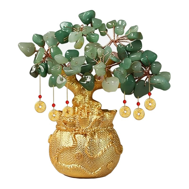 Chiorgone Green Aventurine Money Tree â€“ Feng Shui Wealth Prosperity Golden Bag Bonsai Lucky Gemstone Home Office Decor (14cm Height) - Image 1