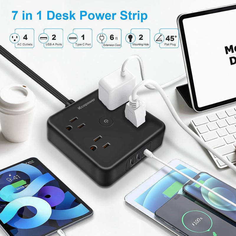 IECOPOWER Ultra Flat Plug Power Strip,Power Strip Surge Protector with 4 Widely Outlets - Image 2