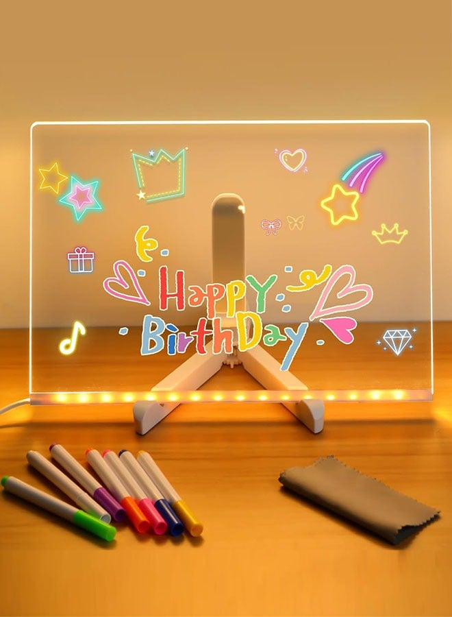 لوحة ملاحظات LED، لوحة رسائل مضيئة من الأكريليك مقاس 11.6 × 7.8 بوصة، لوحة رسائل مضيئة من الأكريليك، لوحة رسم جاف بإضاءة ليلية، لوحة ملاحظات مخصصة مع حامل واحد قابل للتعديل 7 أقلام و2 قماش ناعم للمكتب والمنزل والمدرسة - Image 1