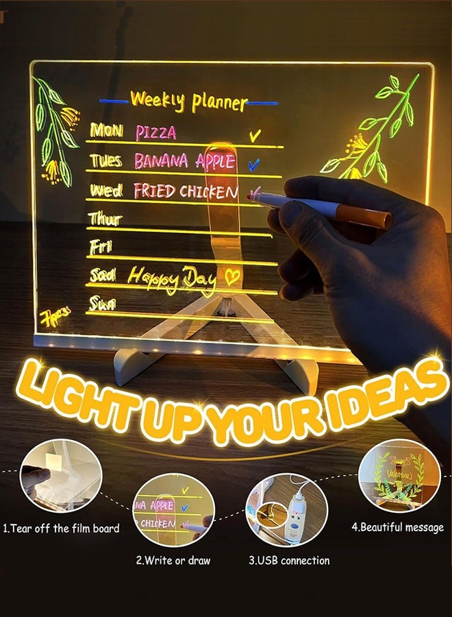 لوحة ملاحظات LED، لوحة رسائل مضيئة من الأكريليك مقاس 11.6 × 7.8 بوصة، لوحة رسائل مضيئة من الأكريليك، لوحة رسم جاف بإضاءة ليلية، لوحة ملاحظات مخصصة مع حامل واحد قابل للتعديل 7 أقلام و2 قماش ناعم للمكتب والمنزل والمدرسة - Image 3