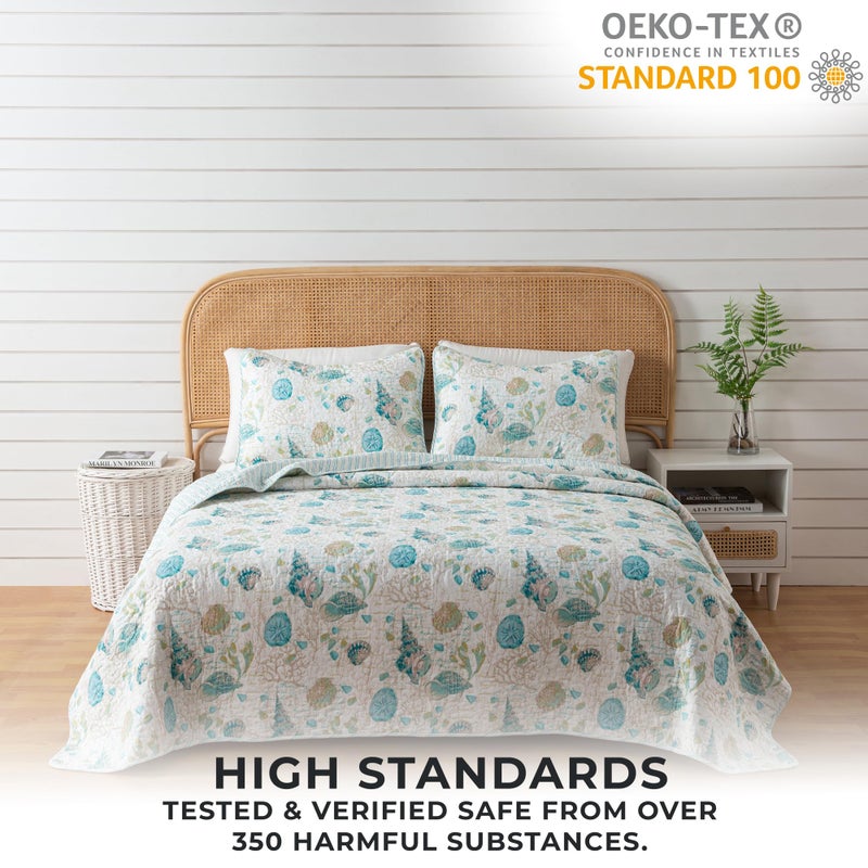 Great Bay Home King Coastal Quilt Bedding Set, Summer Coastal Quilt with Shams, Beach 3-Piece Reversible All Season Bedspread Quilt Set. Lightweight Nautical Quilted Coverlet. Westsands Collection, Blue/ Taupe - Image 5