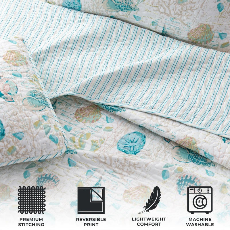 Great Bay Home King Coastal Quilt Bedding Set, Summer Coastal Quilt with Shams, Beach 3-Piece Reversible All Season Bedspread Quilt Set. Lightweight Nautical Quilted Coverlet. Westsands Collection, Blue/ Taupe - Image 4