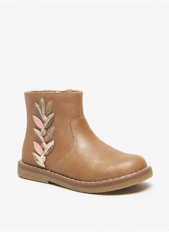 JUNIORS Girls Leaf Applique Ankle Boots with Zip Closure  - Image 1