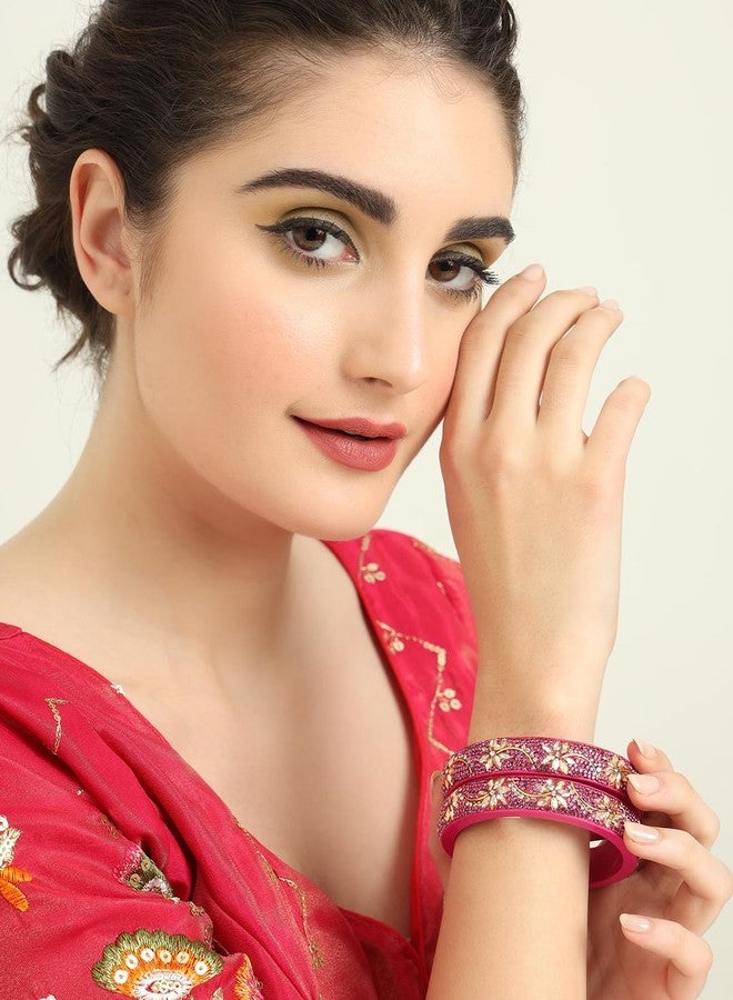 ZULKA طقم أساور زولكا المرصعة بالألماس والزخارف الزهرية للنساء والفتيات، مع أحجار الزركون الكريمة والخرز | أساور لاك | أساور راجستانية | أساور ألماس | أساور جايبوري لاك (ZU_JN17-Pink-2.6) - Image 2
