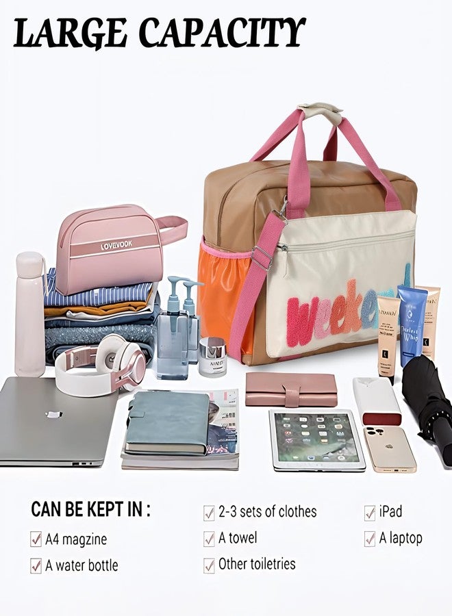 DYSHAYEN Chenille Letter Travel Duffle Bag Large PU Leather Weekender Overnight Bag for Women Carry on Bags Travel Tote, Weekend (A) - Image 4