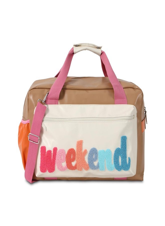DYSHAYEN Chenille Letter Travel Duffle Bag Large PU Leather Weekender Overnight Bag for Women Carry on Bags Travel Tote, Weekend (A) - Image 1