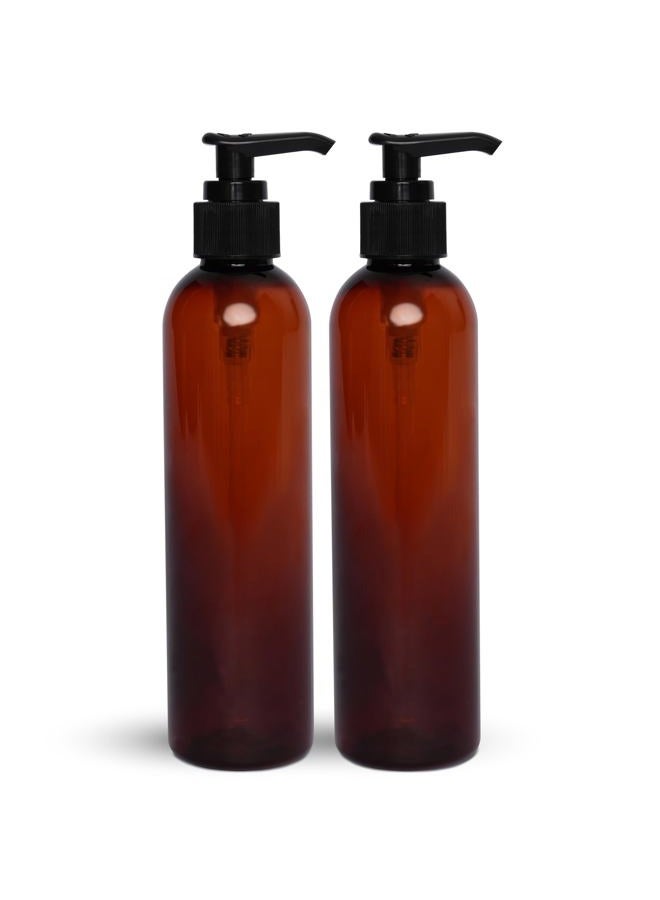 BRIGHTFROM Lotion Pump Bottles, Empty 8 OZ, BPA-Free Refillable Plastic Containers, Amber with Black Dispenser for - Soap, Shampoo, Lotions, Liquid Body Soap, Creams and Massage Oil (2 PACK) - Image 1