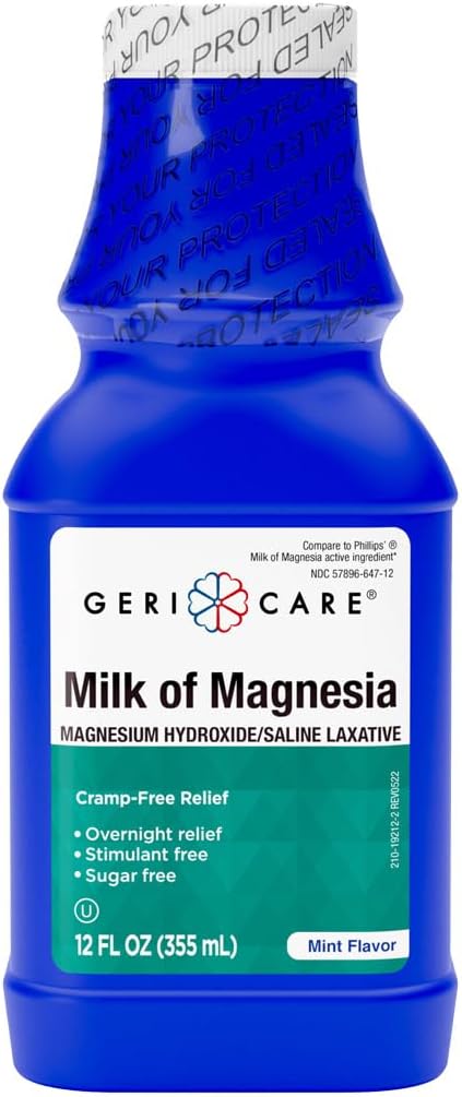 GeriCare Milk of Magnesia Magnesium Hydroxide 1200mg Mint Flavor Fast Overnight Constipation Relief CrampFree Saline Laxative  Stool Softener Antacid for Heartburn  Indigestion 12 Fl Oz - Image 1