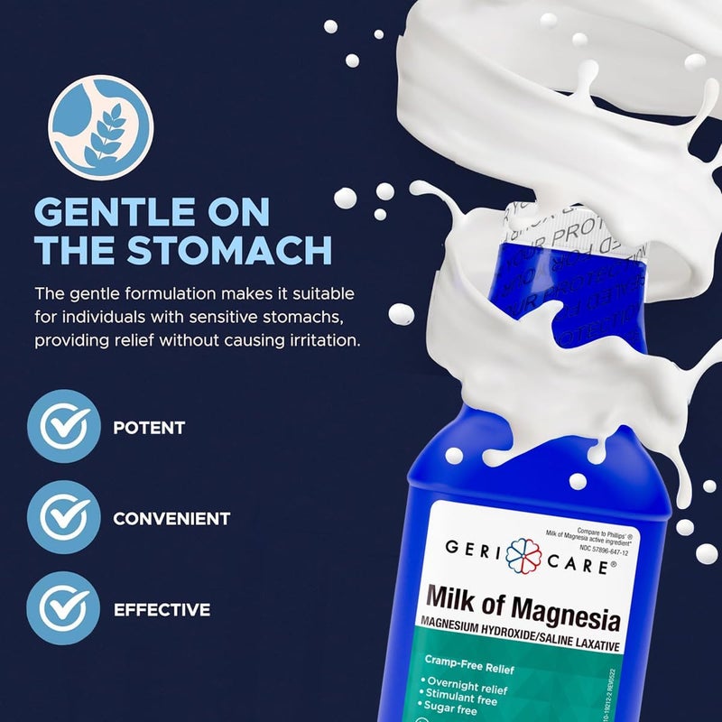 GeriCare Milk of Magnesia Magnesium Hydroxide 1200mg Mint Flavor Fast Overnight Constipation Relief CrampFree Saline Laxative  Stool Softener Antacid for Heartburn  Indigestion 12 Fl Oz - Image 3