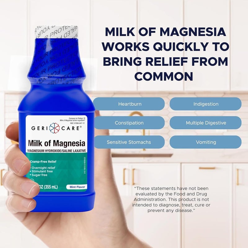 GeriCare Milk of Magnesia Magnesium Hydroxide 1200mg Mint Flavor Fast Overnight Constipation Relief CrampFree Saline Laxative  Stool Softener Antacid for Heartburn  Indigestion 12 Fl Oz - Image 5