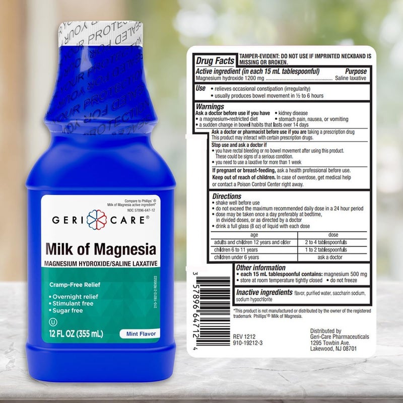 GeriCare Milk of Magnesia Magnesium Hydroxide 1200mg Mint Flavor Fast Overnight Constipation Relief CrampFree Saline Laxative  Stool Softener Antacid for Heartburn  Indigestion 12 Fl Oz - Image 4