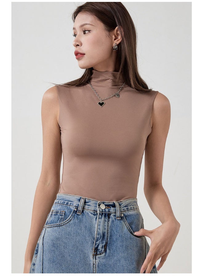 بلوزة جديدة ذات رقبة عالية بدون أكمام بطبقتين من قماش ناعم مرن تناسب الجسم وتظهر القامة نحيفة - Image 3