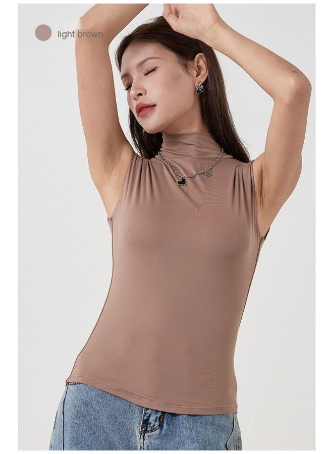 بلوزة جديدة ذات رقبة عالية بدون أكمام بطبقتين من قماش ناعم مرن تناسب الجسم وتظهر القامة نحيفة - Image 2