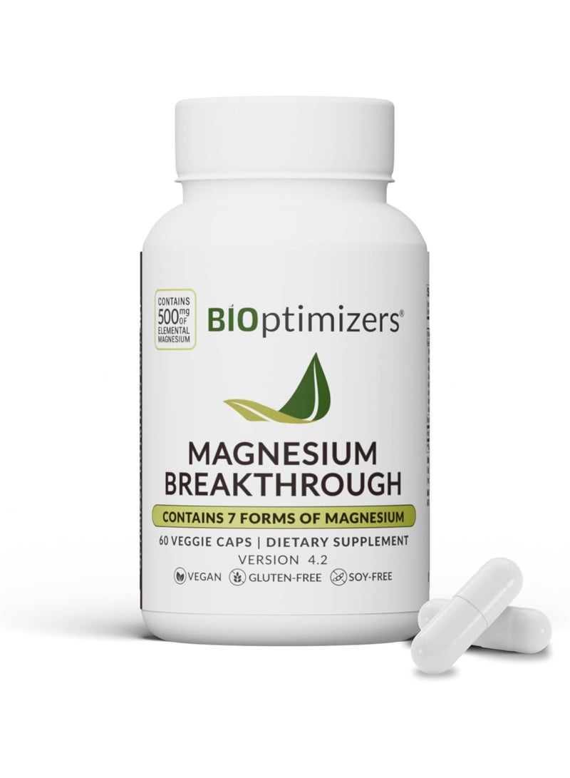 BiOptimizers Magnesium Breakthrough Supplement 4.0 - Has 7 Forms of Magnesium: Glycinate, Malate, Citrate, and More - Natural Sleep and Brain Supplement - 60 Capsules