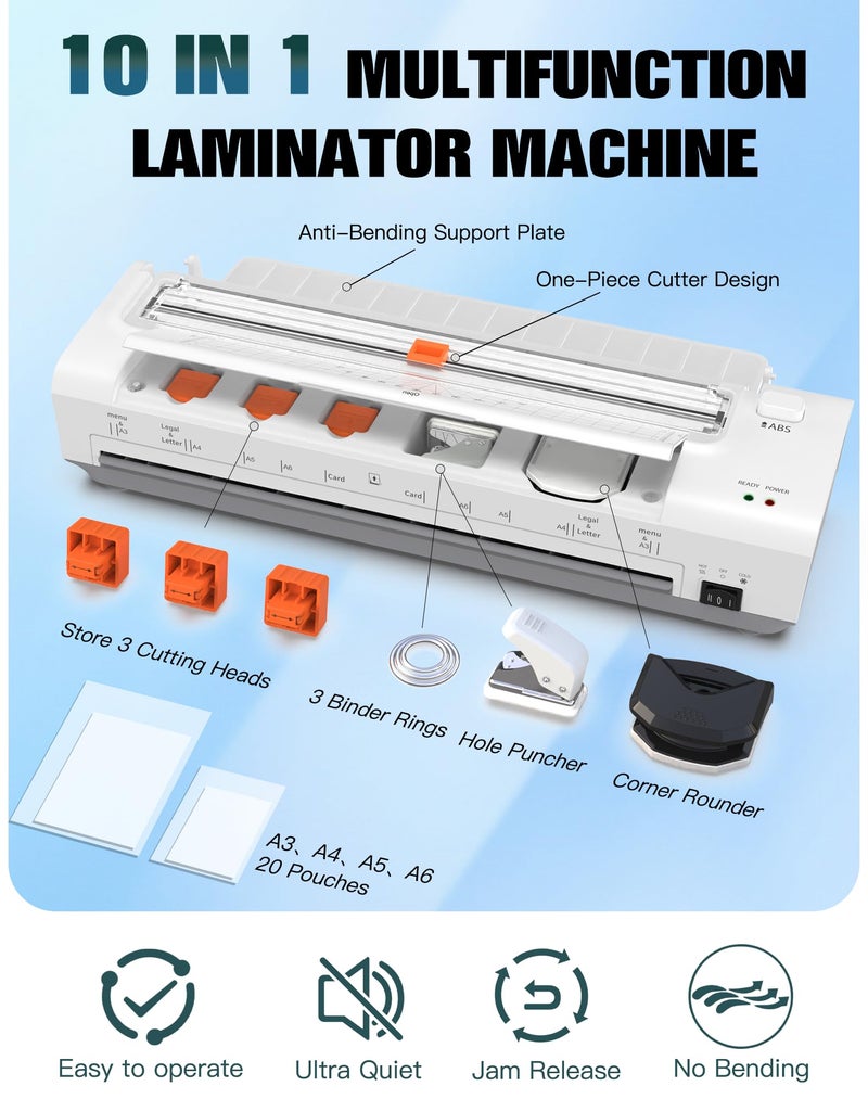 OidoZac Laminator Machine 13 Inch Lamination Machine with Auto Paper Feed, Never Jam A3 Thermal Lamination, 20 Laminating Sheets 10-in-1 Laminator with Cutter, Trimmer & Corner Rounder for Office School Home - Image 5