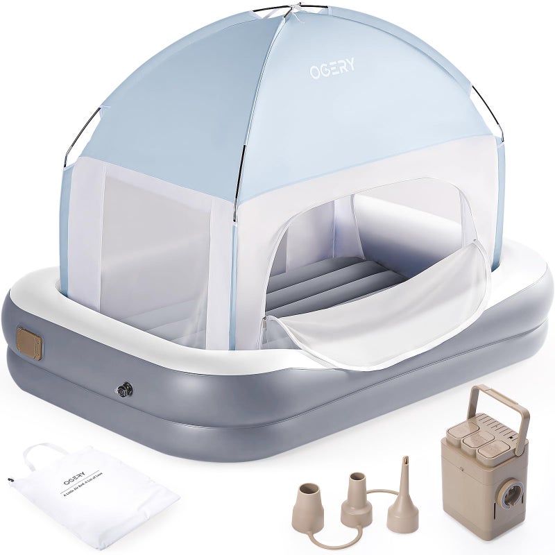 OGERY Inflatable Toddler Travel Bed with Cordless Rechargeable and Detachable Air Pump and Tent, Portable Kids Air Mattress with 4 Sides Safety Bumpers Ideal for Home, Grandma's, Camping, Traveling - Image 1