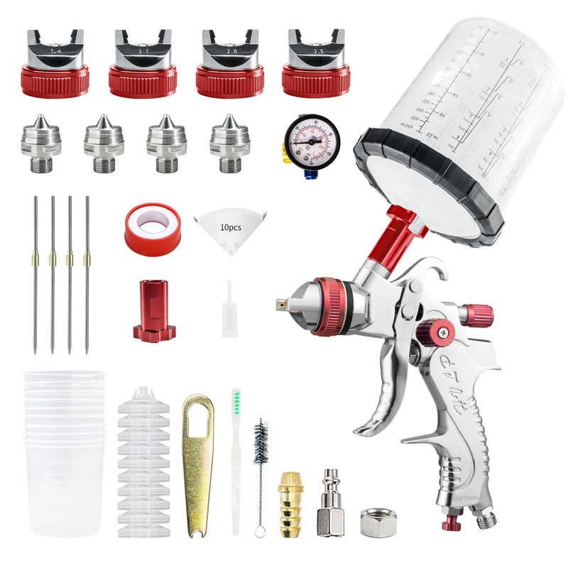 Bentohkle Hvlp Gravity Fed Air Spray Gun With 1.4/1.7/2.0/2.5 Mm Nozzles And 650 Cc Mixing Cups  Spray Paint Gun For Automotive Refinishing And Home Wall Finishing Applications (Red) - Image 1