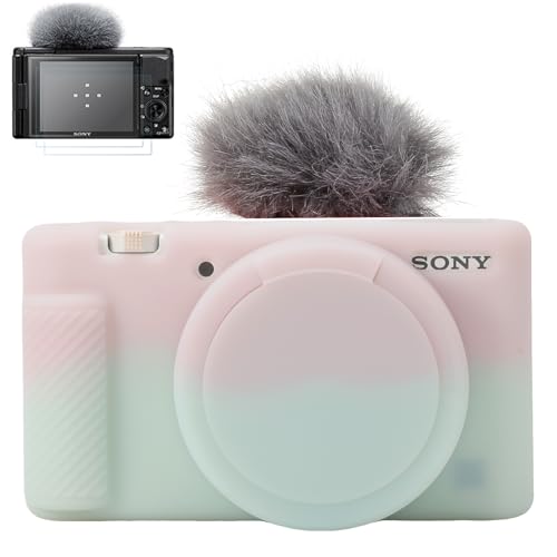Pocoukate Camera Case for Sony ZV-1, ZV1 Camera Case Digital Camera Anti-Scratch Slim Fit Soft DSLR Camera Sleeve with Tempered Glass Protective Screen Protector for Sony ZV-1 - Green & Jelly Pink - Image 1