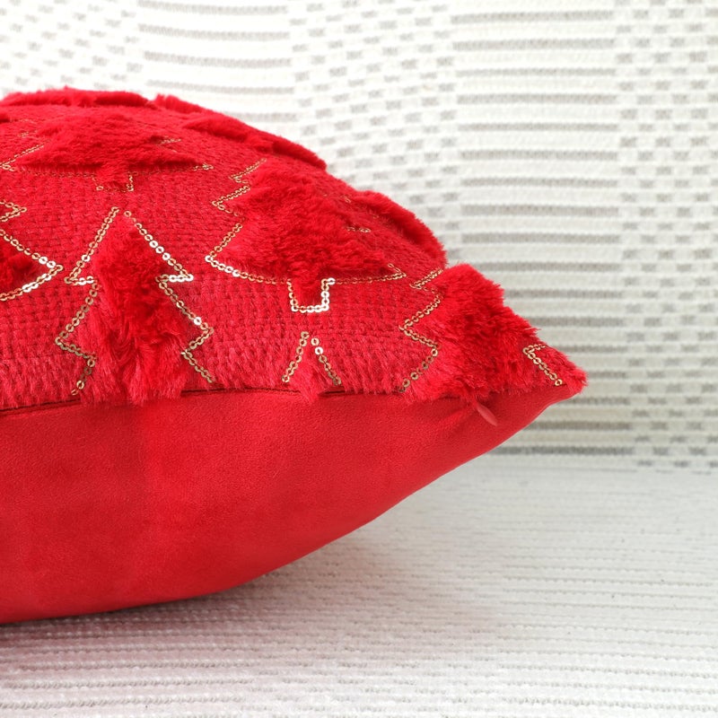 4TH Emotion Christmas Tree Decorative Pillow Covers 16x16 Set of 2  Red Soft Plush Faux Fur Farmhouse Throw Cushion Cases for Xmas Winter Holiday Home Decorations - Image 2