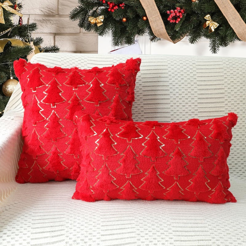 4TH Emotion Christmas Tree Decorative Pillow Covers 16x16 Set of 2  Red Soft Plush Faux Fur Farmhouse Throw Cushion Cases for Xmas Winter Holiday Home Decorations - Image 4