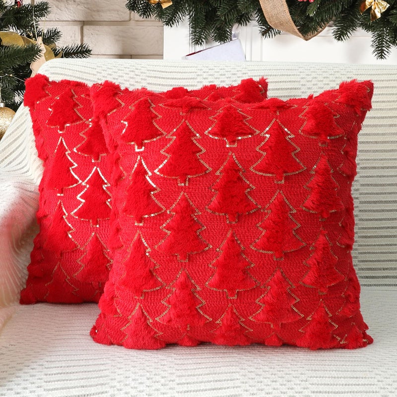 4TH Emotion Christmas Tree Decorative Pillow Covers 16x16 Set of 2  Red Soft Plush Faux Fur Farmhouse Throw Cushion Cases for Xmas Winter Holiday Home Decorations - Image 1