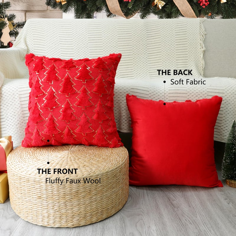 4TH Emotion Christmas Tree Decorative Pillow Covers 16x16 Set of 2  Red Soft Plush Faux Fur Farmhouse Throw Cushion Cases for Xmas Winter Holiday Home Decorations - Image 5