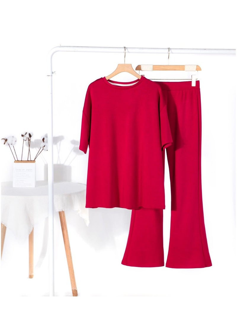 Himmel Tek Women's Knit 2 Piece Outfits - Short Sleeve Sweater Pullover Tops and Wide Leg Pants Tracksuits Lounge Set - Stylish Fall Coord Suit for Casual & Loungewear 