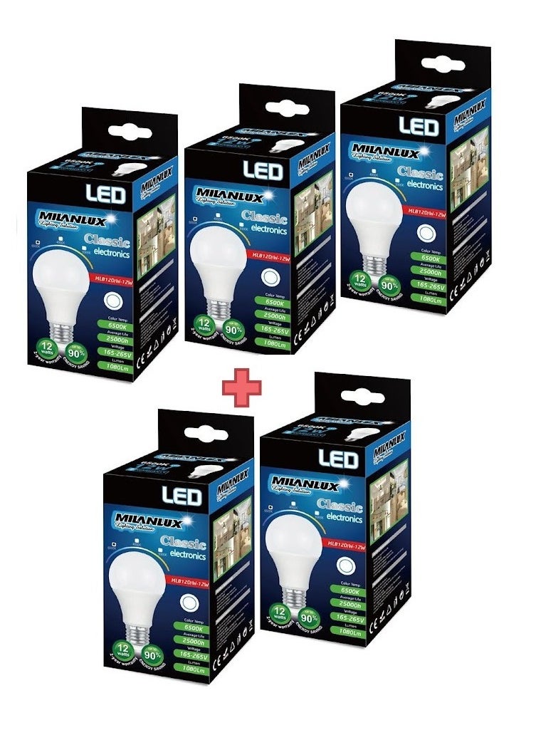 MILANLUX Milanlux Led Bulb, Non-Dimmable , 1080 Lumen, Day-Light White (6500), 12W = 75W, E27 Base, Buy 3 Get 2 Free  - Image 1