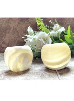 Set of 2 Candle Holder - Vase - Planter Tub - Natural Alabaster Decor - (Alabaster) Medium and Special Size - Indoor Decoration and Indirect Lighting - Vase - Incense - Great Gift
