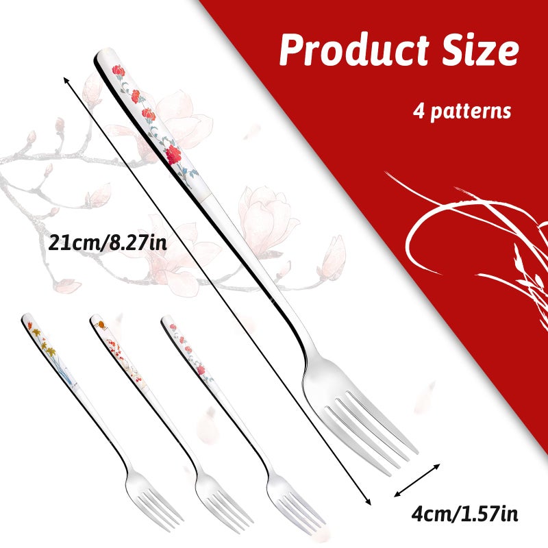 Alrhso 4Pcs 8" Korean Forks 18/10 Stainless Steel Forks Silverware Flatware Louise Kitchen Salad Dessert Fork with Flower Pattern for Dinner Cutlery Home Restaurant, Mirror Finish, Dishwasher Safe - Image 2