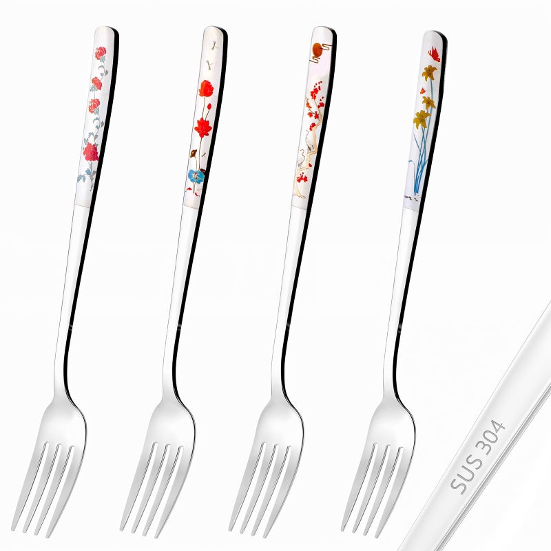 Alrhso 4Pcs 8" Korean Forks 18/10 Stainless Steel Forks Silverware Flatware Louise Kitchen Salad Dessert Fork with Flower Pattern for Dinner Cutlery Home Restaurant, Mirror Finish, Dishwasher Safe - Image 1