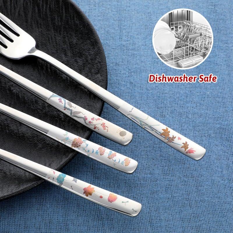 Alrhso 4Pcs 8" Korean Forks 18/10 Stainless Steel Forks Silverware Flatware Louise Kitchen Salad Dessert Fork with Flower Pattern for Dinner Cutlery Home Restaurant, Mirror Finish, Dishwasher Safe - Image 4