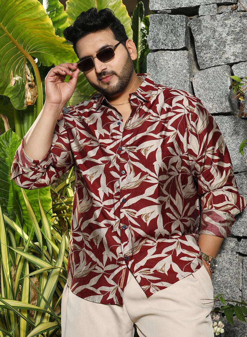Instafab Plus Men's Sangria Red Flóré Noir Shirt For Casual Wear | Spread Collar | Long Cuffed Sleeves | Button Closure | Plus Size Shirt Crafted With Comfort Fit For Everyday Wear - Image 1