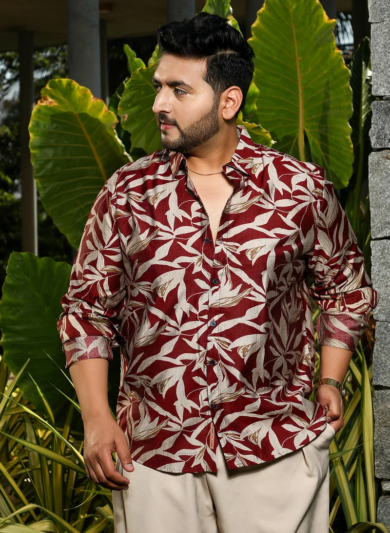 انستافاب بلس قميص رجالي مقاس كبير بلون أحمر سانجريا بنقشة فلور نوار للملابس الكاجوال بياقة سبيد وأكمام طويلة بأزرار
