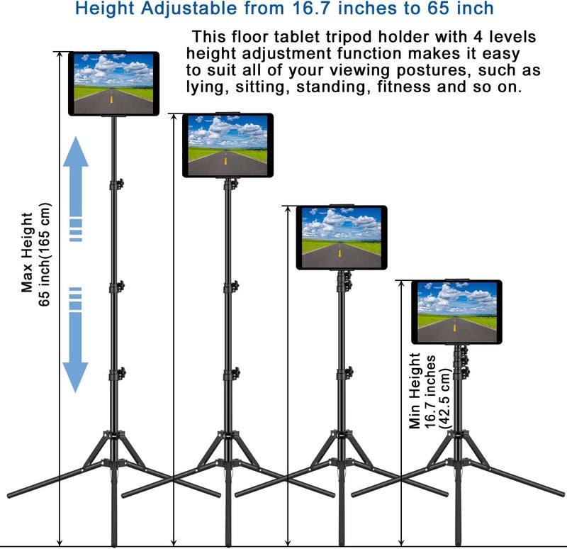 SAMHOUSING Ipad Tripod Stand, with 65 inch Height Adjustable iPad Stand Holder & iPad Floor Stand with 360° Rotating iPad Tripod Mount for iPad Pro, iPhone, Kindle, and All 4.5-12.9 Inch Tablets - Image 5