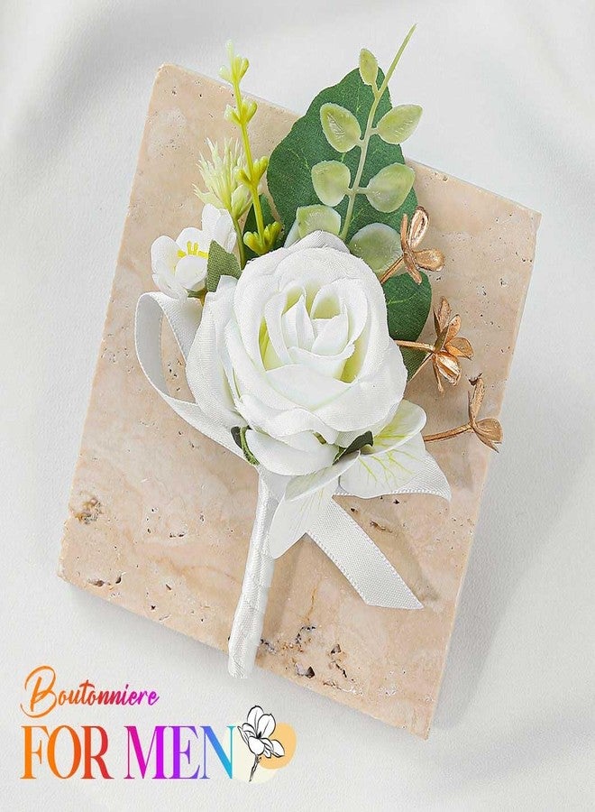 Latious Rose Boutonniere for Men White Groom Flower Boutonniere Pin for Wedding (White) - Image 2