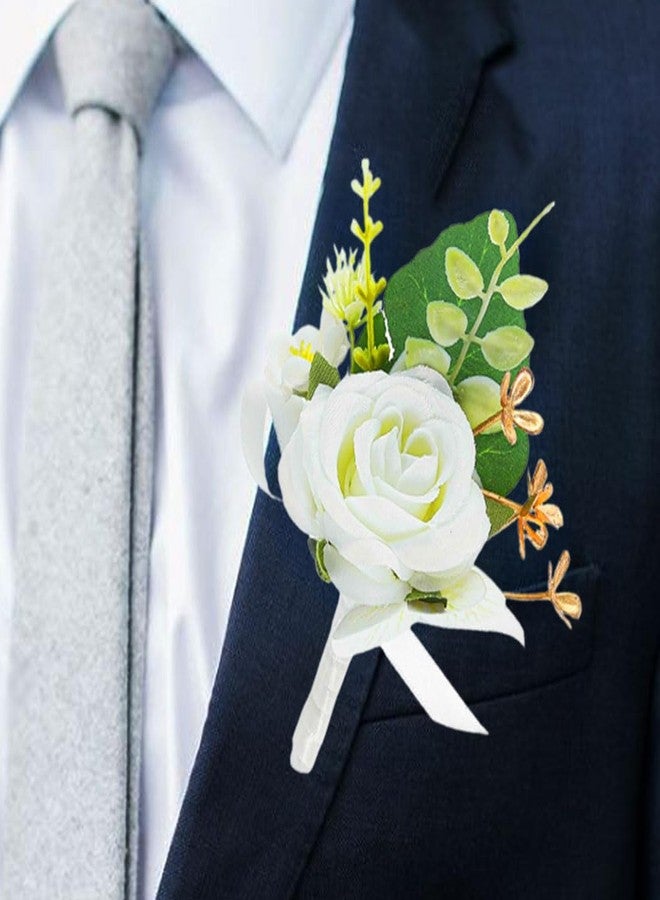 Latious Rose Boutonniere for Men White Groom Flower Boutonniere Pin for Wedding (White) - Image 1
