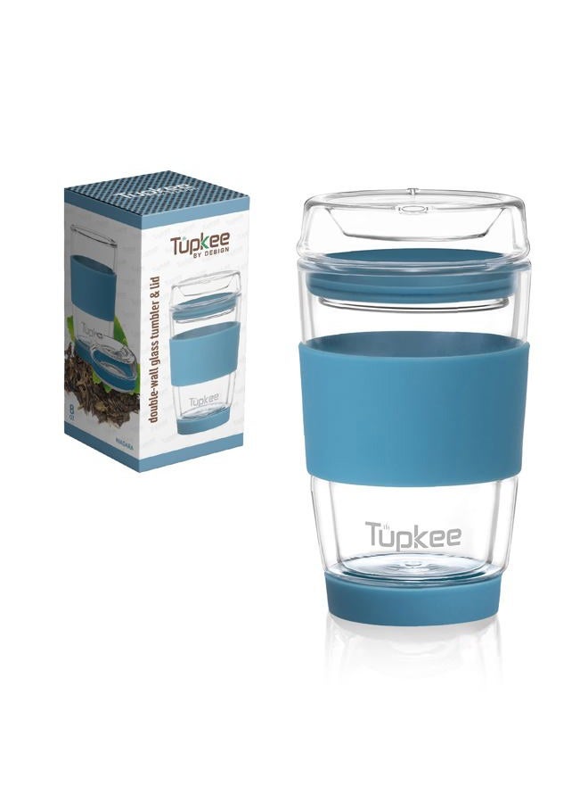Tupkee Double Wall Glass Tumbler - 8-Ounce, All Glass Reusable Insulated Tea/Coffee Mug & Lid, Hand Blown Glass Travel Mug - Niagara - Image 1