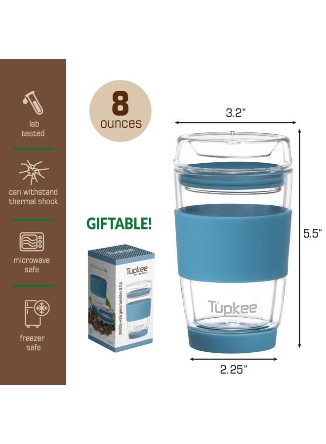 Tupkee Double Wall Glass Tumbler - 8-Ounce, All Glass Reusable Insulated Tea/Coffee Mug & Lid, Hand Blown Glass Travel Mug - Niagara - Image 5