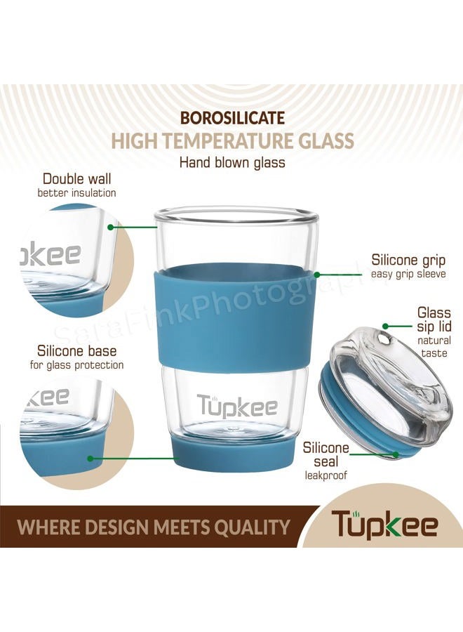 Tupkee Double Wall Glass Tumbler - 8-Ounce, All Glass Reusable Insulated Tea/Coffee Mug & Lid, Hand Blown Glass Travel Mug - Niagara - Image 2