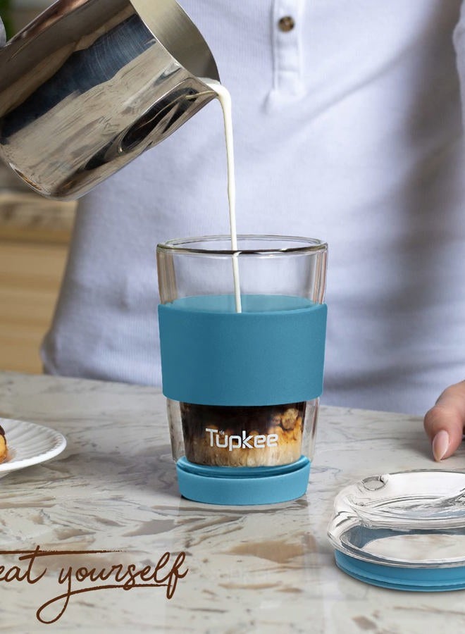 Tupkee Double Wall Glass Tumbler - 8-Ounce, All Glass Reusable Insulated Tea/Coffee Mug & Lid, Hand Blown Glass Travel Mug - Niagara - Image 3