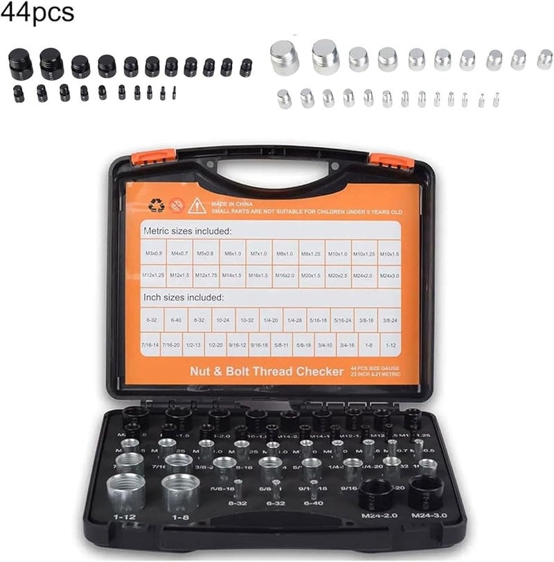 44 قطعة مجموعة أدوات قياس حجم البراغي والصواميل من الألومنيوم الأسود والفضي مع علبة - Image 4