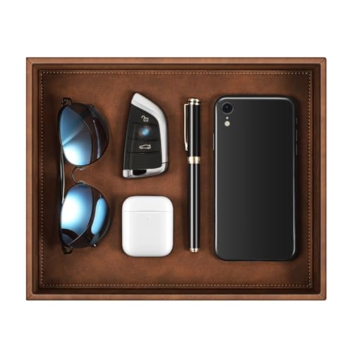 SITHON Valet Tray Desk Organizer, PU Leather Catchall Bedside Vanity Tray Nightstand Caddy Coin Box Key Jewelry Storage Organizer, Brown - Image 1