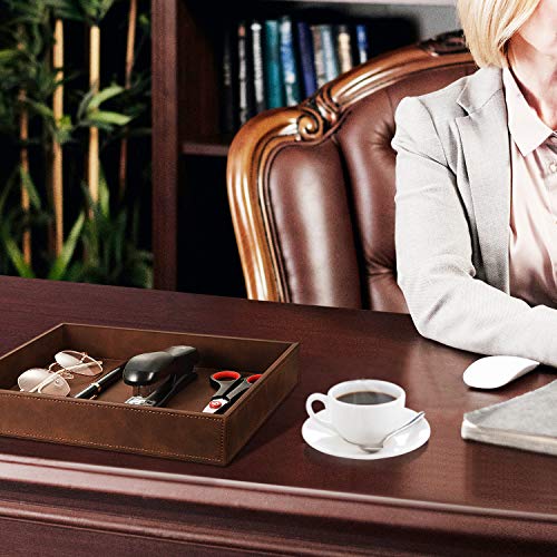 SITHON Valet Tray Desk Organizer, PU Leather Catchall Bedside Vanity Tray Nightstand Caddy Coin Box Key Jewelry Storage Organizer, Brown - Image 5
