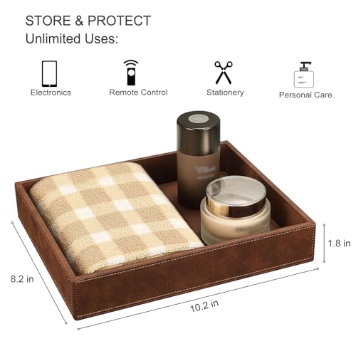 SITHON Valet Tray Desk Organizer, PU Leather Catchall Bedside Vanity Tray Nightstand Caddy Coin Box Key Jewelry Storage Organizer, Brown - Image 3