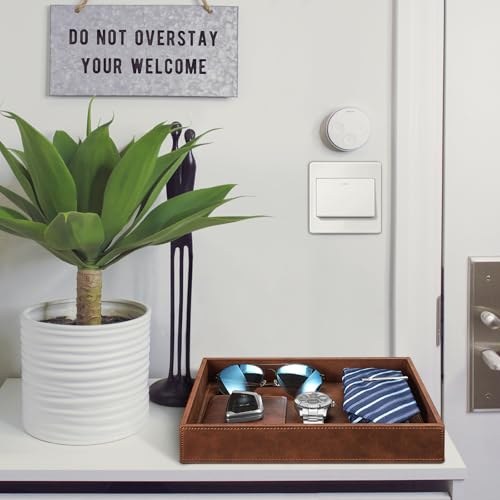 SITHON Valet Tray Desk Organizer, PU Leather Catchall Bedside Vanity Tray Nightstand Caddy Coin Box Key Jewelry Storage Organizer, Brown - Image 2