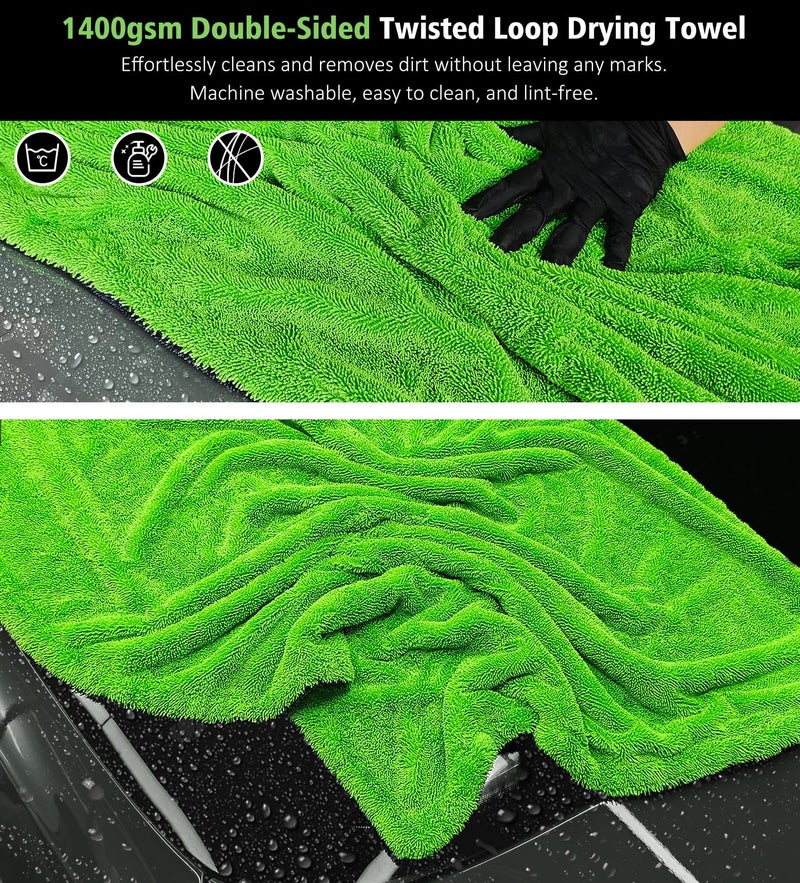 YeewayVeh 28" x 36" Car Drying Towel Extra Large, 1400 GSM Double Sided High Absorbent Car Wash Drying Towels, No Scratches or Streaks, Quick Dry Microfiber Towels Drying for Cars Truck SUV, Green - Image 2