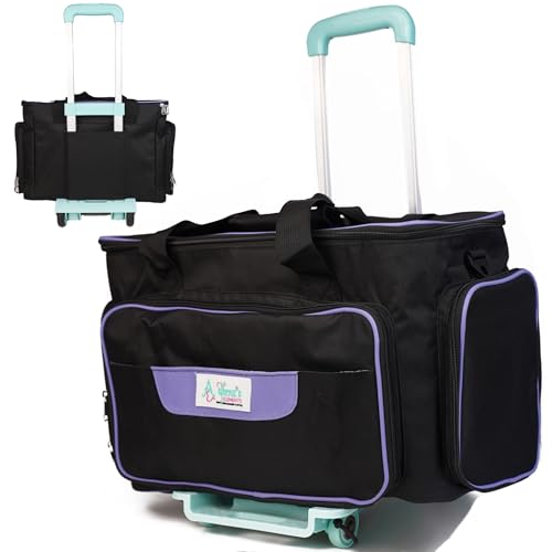 Athena's Elements Athenas Rolling Sewing Machine Case with 4 Wheels Sewing Machine Carrying Case Black with Purple Trim Detachable Rolling Dolly Multiple Storage Compartments Standard Size Jet Black - Image 1