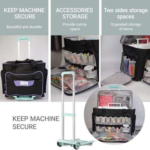 Athena's Elements Athenas Rolling Sewing Machine Case with 4 Wheels Sewing Machine Carrying Case Black with Purple Trim Detachable Rolling Dolly Multiple Storage Compartments Standard Size Jet Black - Image 3