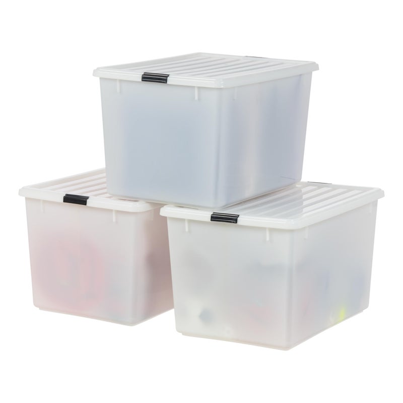 IRIS USA 144 Qt Stackable Plastic Storage Bins with Lids 3 Pack  BPAFree Discreet Organizing Solution Latches Durable Nestable Containers Secure Pull Handle Made in USA  Pearl
